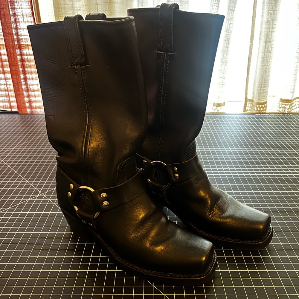 Frye Black Leather Harness Boots